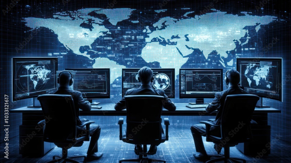 Poster Hackers Working on Computers with World Map Displayed