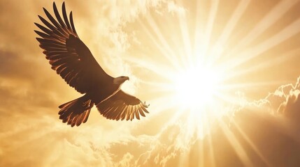 A majestic eagle soars through the sky with the sun shining brightly behind it.