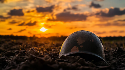 army helmet lying on the ground with dramatic background, veterans day, independence day 