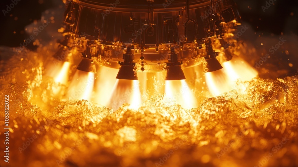 Poster close-up view of a rocket engine firing with multiple flames.