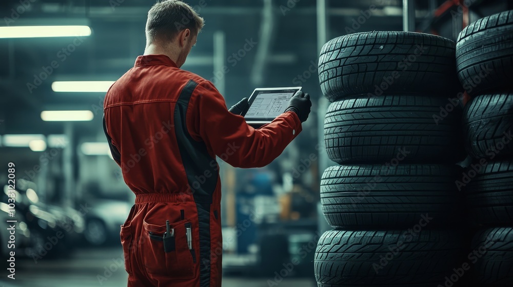 Aufkleber a mechanic in a red jumpsuit uses a tablet while standing next to stacks of tires in a workshop sett