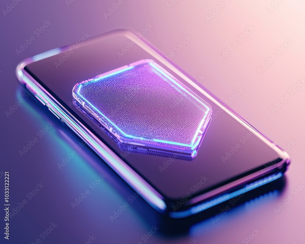 Poster modern smartphone with a glowing hexagonal object on its screen, artistic background.
