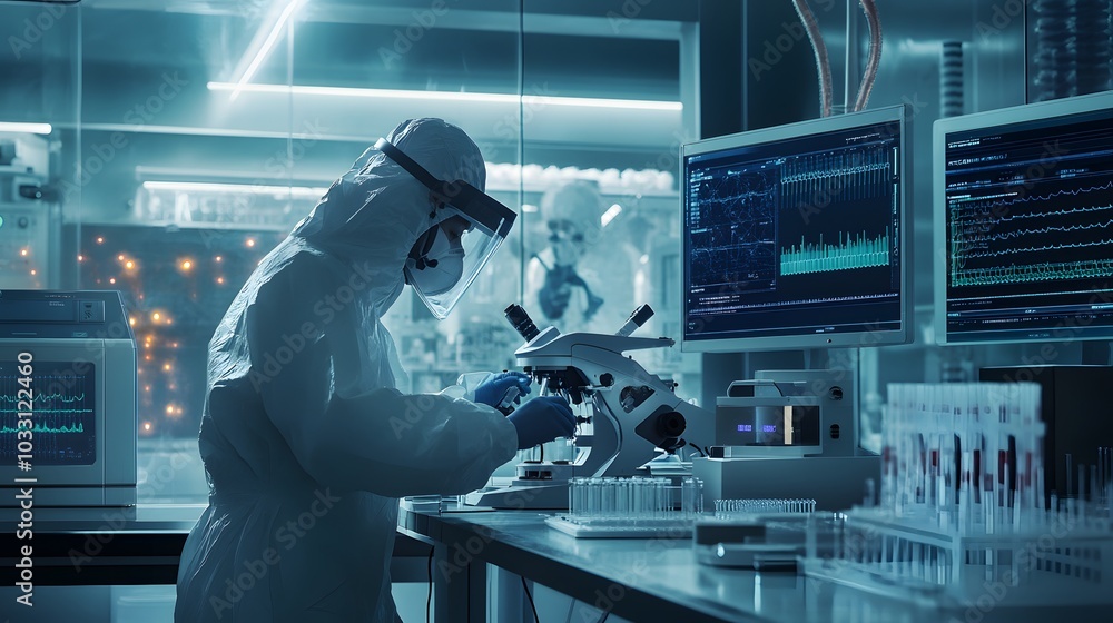 Aufkleber scientist in a hazmat suit working with a microscope in a laboratory