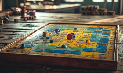 Naklejka premium Vintage board game with colorful pieces.