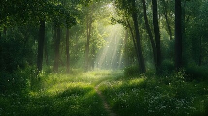 Obraz premium Sunbeams illuminate a path through a lush forest, creating a magical atmosphere.