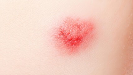 Closeup of red, raised urticaria patches on light skin, inflamed and irritated