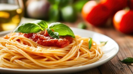 Fototapeta premium Delicious Spaghetti with Tomato Sauce and Basil