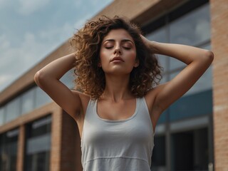 Portrait of young woman standing in front of building. AI Generative