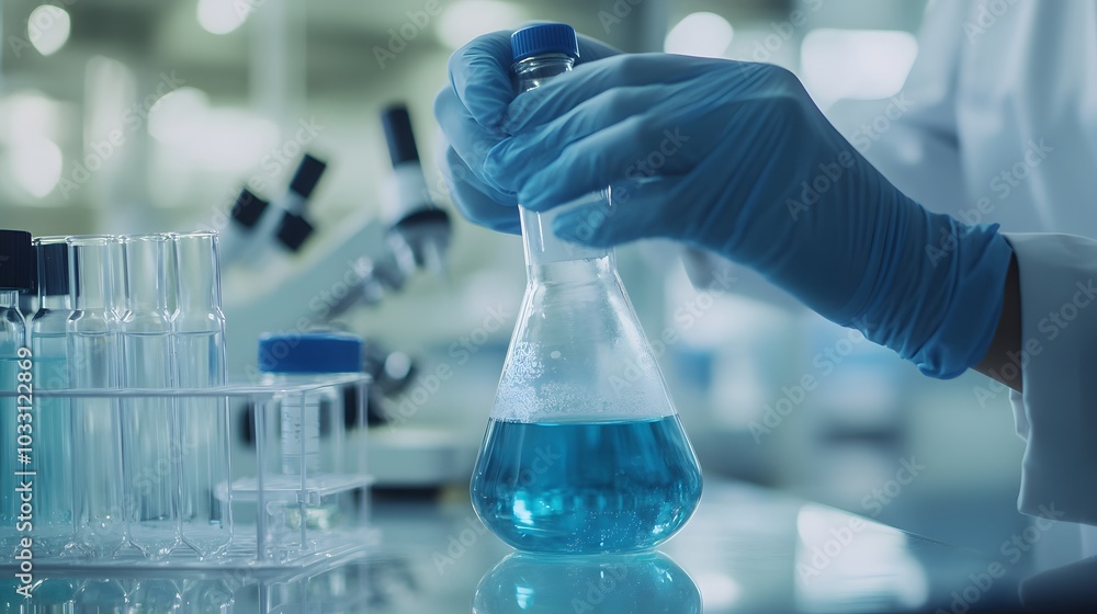 Poster a gloved hand holding a flask with blue liquid in a lab setting