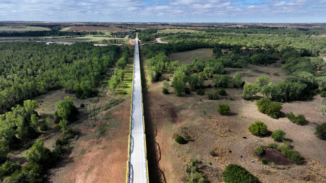 Aerial view of Bridgeport Bridge, Pony Bridge, William H. Murray Bridge, Pony Truss Bridge on old Route 66  in Geary, Oklahoma
