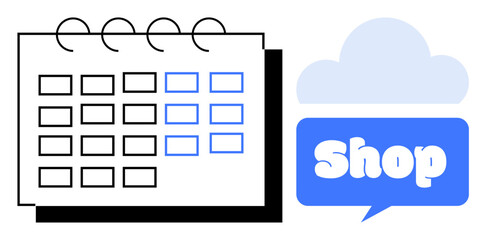 Calendar with date boxes and a speech bubble containing the word Shop inside a cloud. Ideal for planning, scheduling, e-commerce, online shopping, and business management. Simple vector style