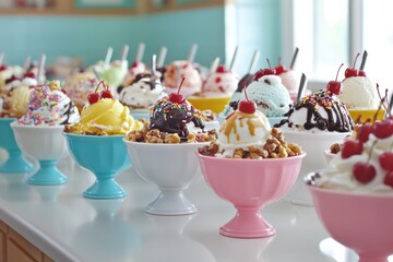 A fun and playful ice cream sundae bar with bowls of colorful scoops
