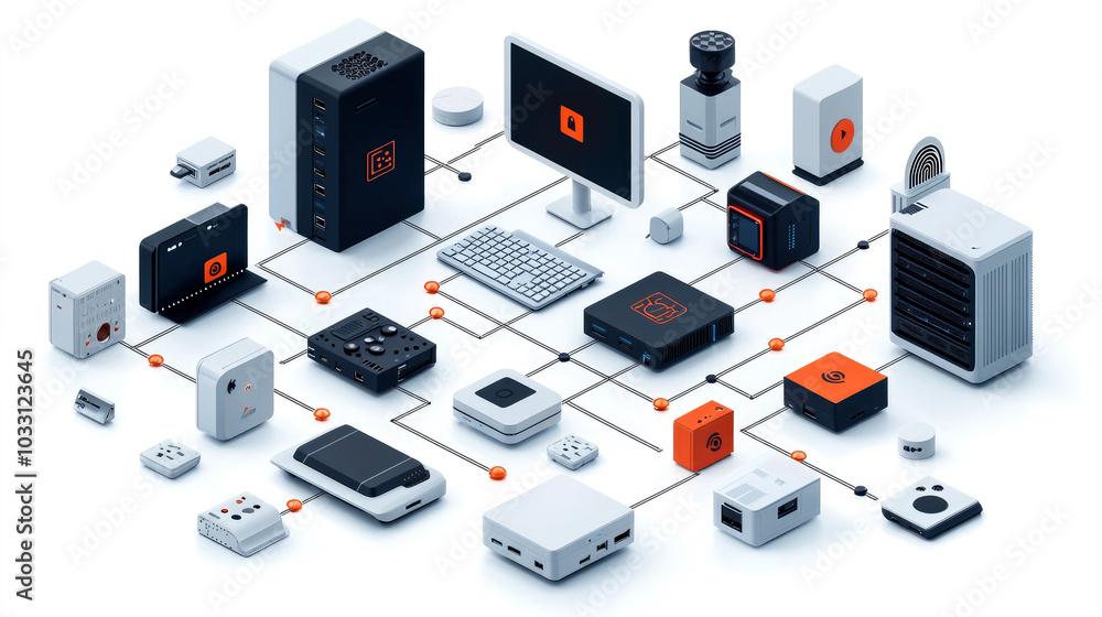 Poster a digital ecosystem showcasing interconnected devices and technology components.