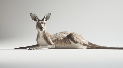 A kangaroo lays down on a white surface, looking directly at the camera with its large ears perked up.