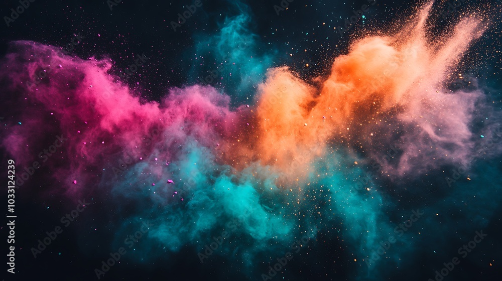 Poster a vibrant explosion of colorful dust particles creates a stunning visual effect against a dark backg