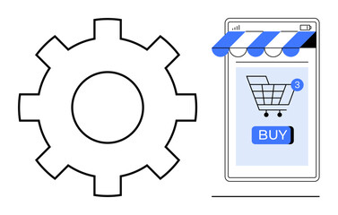 Gear icon next to smartphone with online shop interface and shopping cart, symbolizing e-commerce and settings. Ideal for online shopping, mobile apps, e-commerce, user interface, and settings