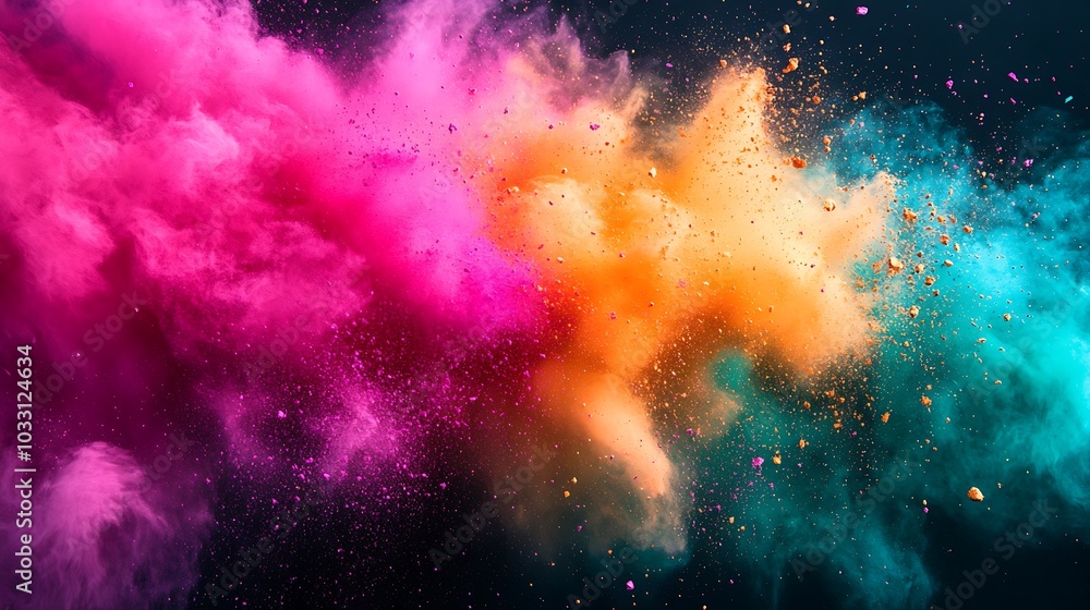 Poster a vibrant explosion of colorful powders in shades of pink, orange, and teal, creating a dynamic and 