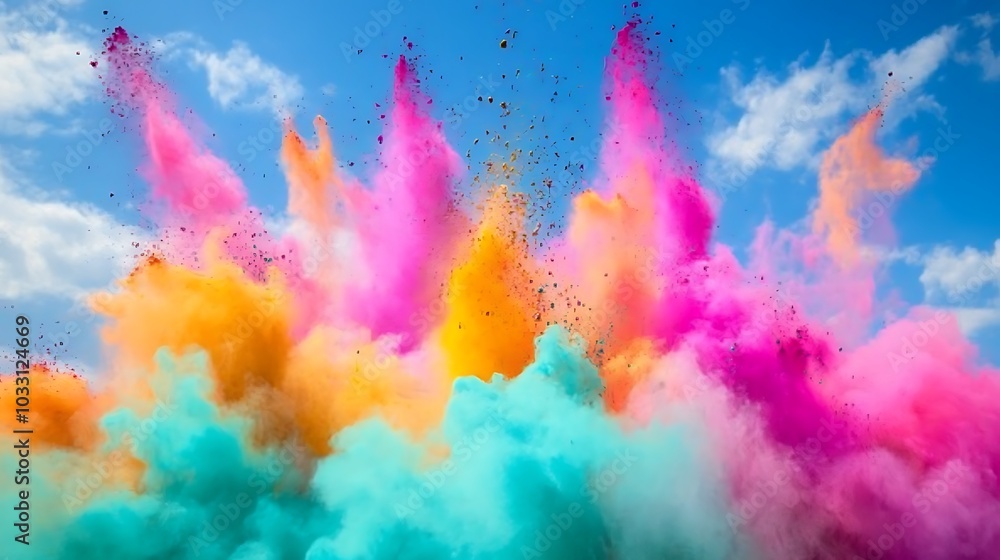Poster a vibrant explosion of colored powders against a blue sky with fluffy clouds, creating a festive and