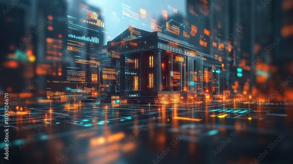 Poster a futuristic cityscape featuring a classical building amidst digital data streams.