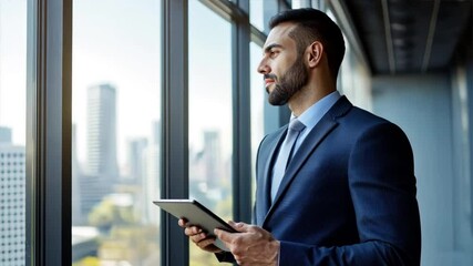 Confident executive business professional standing in a modern office, looking out of large windows with a thoughtful expression, dressed in a sharp suit,