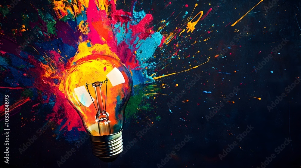 Poster a lightbulb exploding with colorful paint splatter