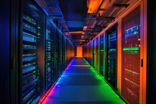 A futuristic data center filled with rows of server racks, blue and green LED lights glowing