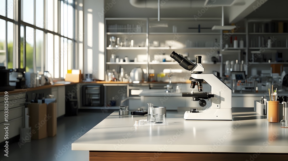 Poster microscope on a laboratory countertop with sunlight streaming through a window