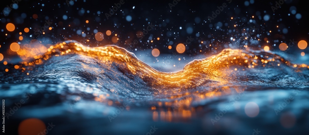 Poster an abstract depiction of glowing waves with sparkling effects in a dark environment.