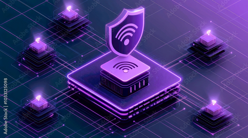 Aufkleber a digital illustration of a secure wi-fi network with a protective shield and circuit elements.