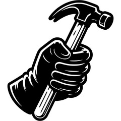 Thief hand wearing a black glove holds a hammer with a crowbar to pick a lock in monochrome. Simple minimalistic vector in black ink drawing on transparent background