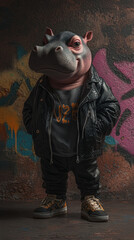 Hip baby hippo with sarcastic smirk, wearing leather jacket and stylish outfit, exudes cool and confident vibe against colorful graffiti background