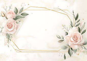 Elegant floral frame with pink roses, green leaves, and a gold geometric frame on a white marble background.