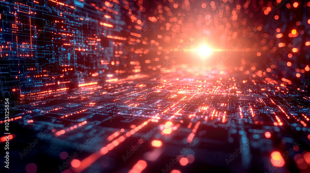 Poster a digital landscape filled with glowing data streams and vibrant light effects.