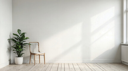 Fototapeta premium Scandinavian-style living room, a wooden chair with houseplants and white wall, AI generated