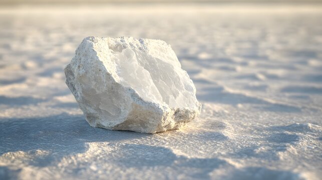 A highly detailed view of a small crystal of salt forming on the edge of a dried-up salt flat, its angular structure contrasting sharply with the smooth white crust.