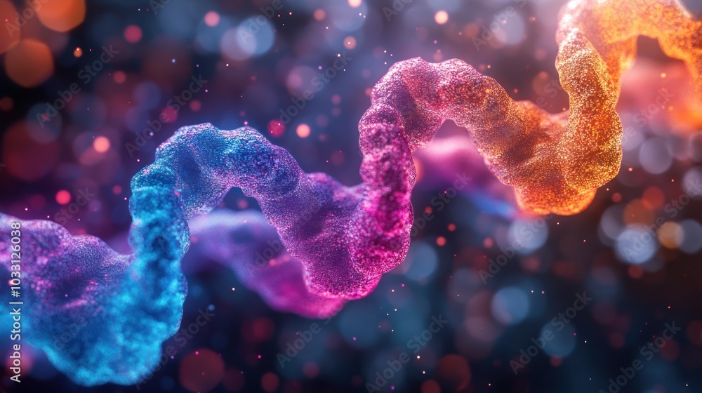 Poster abstract representation of a dna strand with vibrant colors and glowing particles.