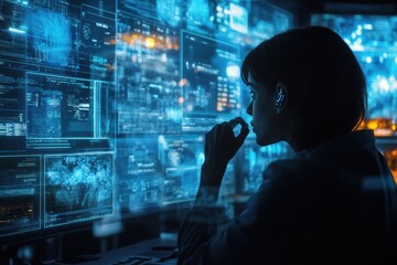 A futuristic workspace filled with holographic screens, a person with a thoughtful expression