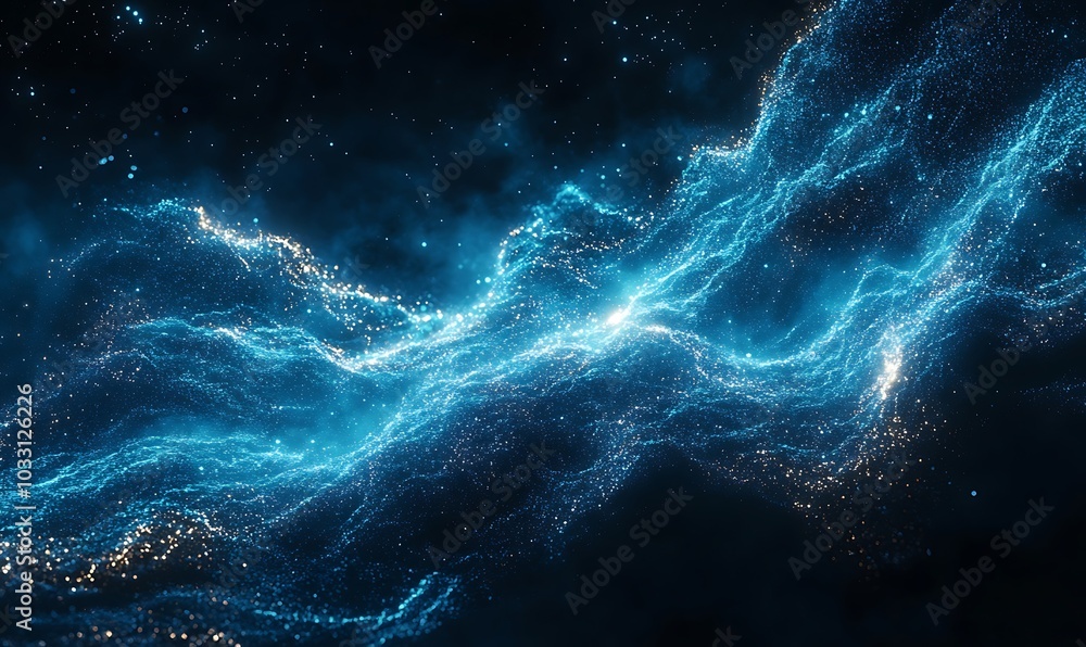 Poster a mesmerizing swirling pattern of blue light and particles against a dark background, resembling a c