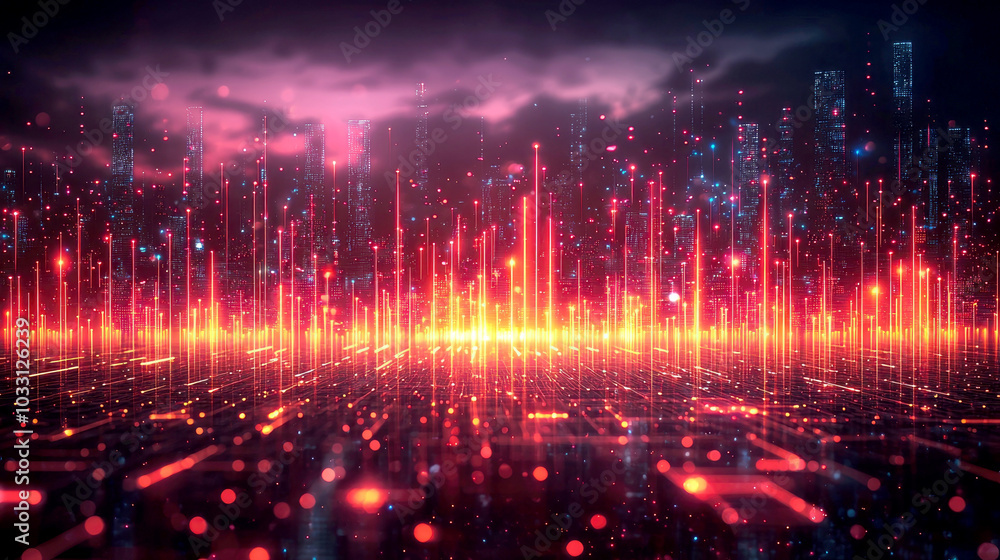 Poster a digital landscape with vibrant, glowing data visualizations and abstract patterns.