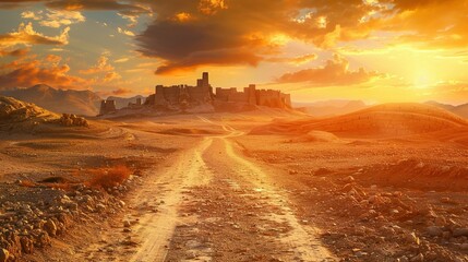 Fototapeta premium Exploring Antiquity: Dirt Road to Ancient Cities Like Bethany and Antioch Beneath a Colorful Sunset