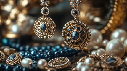 Fototapeta premium Highlight the diverse materials in the earrings: gold, silver, gemstones, pearls, and intricate beadwork. Emphasize textures and finishes, showcasing shiny surfaces, matte finishes, and intricate patt