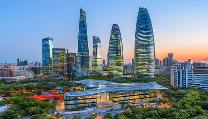 Modern architecture in a vibrant city, capturing the skyline at sunset with tall buildings and green foliage.