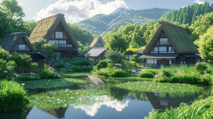 Obraz premium Traditional Japanese village with thatched roof houses, a pond, and a mountain in the background.