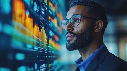 A focused professional analyzing data on a digital display with financial graphs.