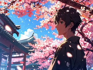 Handsome cool Japanese anime guy with cherry blossom tree background anime wallpaper artwork
