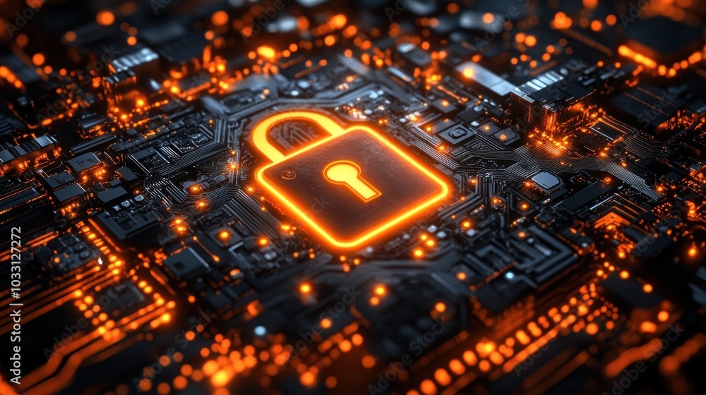 Poster a digital lock icon on a circuit board, symbolizing cybersecurity and data protection.