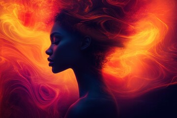 A silhouette of a woman with vibrant, swirling colors representing energy and creativity.