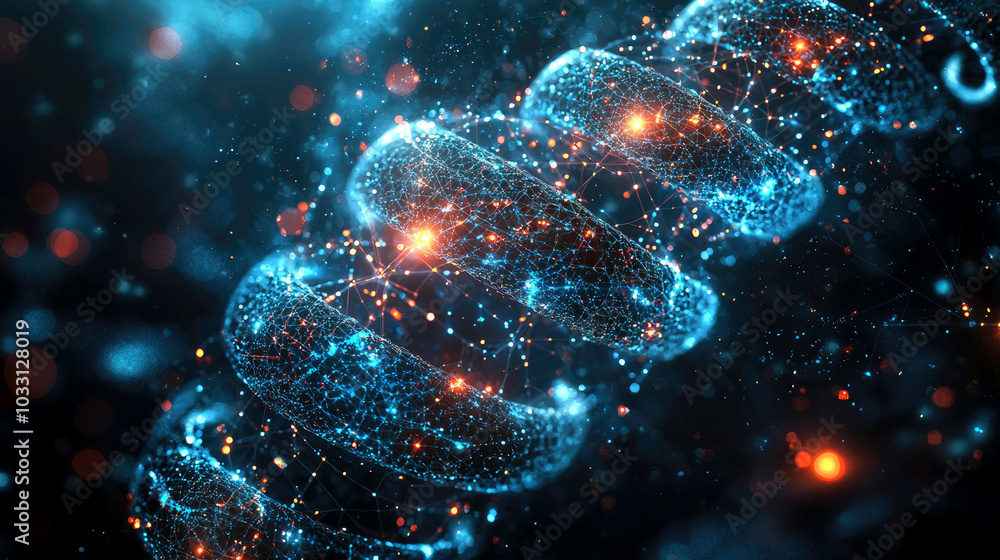 Poster a digital representation of a dna helix with glowing particles and a cosmic background.