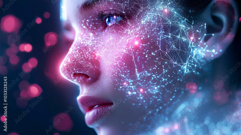 Poster a digital representation of a face illuminated by glowing data patterns.