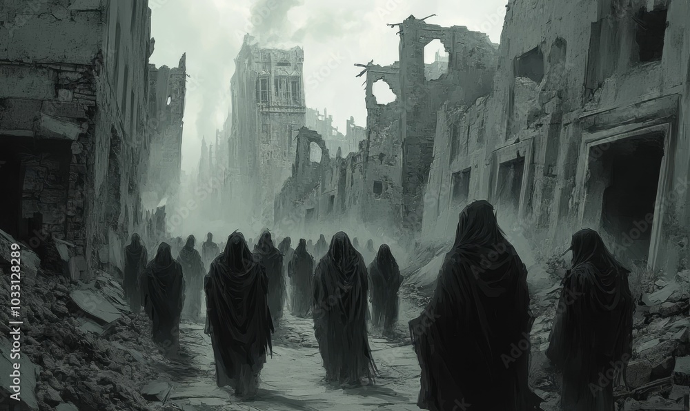 Wall mural Hooded figures walk through ruined city.